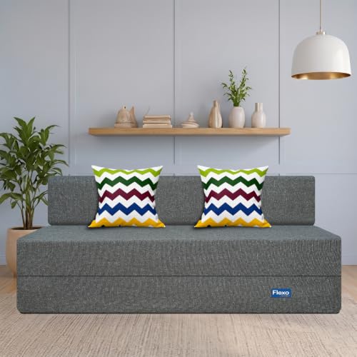 Image of Starlon 3 Seater Foldable Sofa Cum Bed 3-in-1 with 2 Waves Pattern Pillows, Washable Jute Fabric Cover, Space Saving Guest Bed, Pre-Assembled Ash Gray 5x6.5 Ft