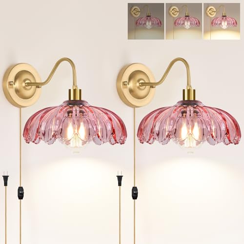Image of ZECOXOL Vintage Plug in Wall Sconces Set of Two, Glass Wall Sconces Lamps with Flower Lampshade & Dimmable Plug in Cord, Dimmable Sconces Wall Decor Set of 2 Plug in Wall Lights Sconces for Bedroom
