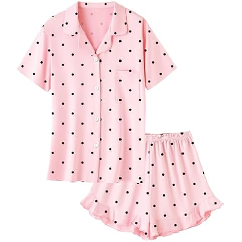 Umeyda Pajamas for Girls Soft Set Pajama Set Short Sleeve Button Up Pajama Top Pj Shorts, Pink Dots, 9-10 Years Cover