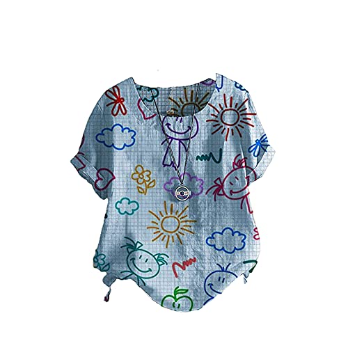 Janepam Women T-Shirt Tops Plus Size Linen Smiley Sun Graphic Pattern Print Short Sleeve Loose Button Decor Shirt Tee Blouse(O Blue,M)