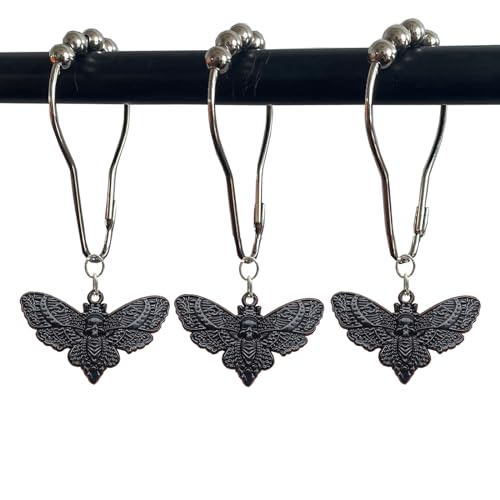 Skull Death's-Head Hawkmoth Shower Curtain Hooks Rings,12Pcs Dead Moth with Skull Face Halloween Rustproof Metal Shower Rings,Gothic Style Insect Theme Home Bathroom Decor