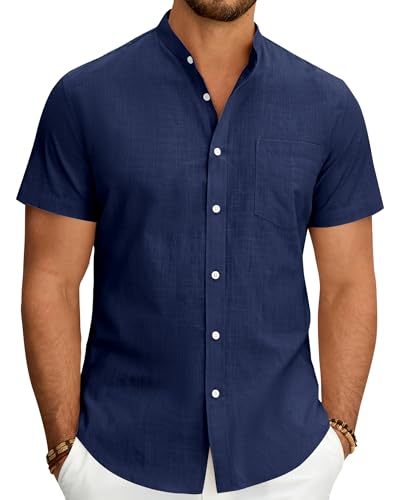 J.VER Men's Fashion Linen Shirts Men Short Sleeve Grandad Collar Button Down Summer Holiday Beach Lightweight Shirt with Pocket Navy Blue XL