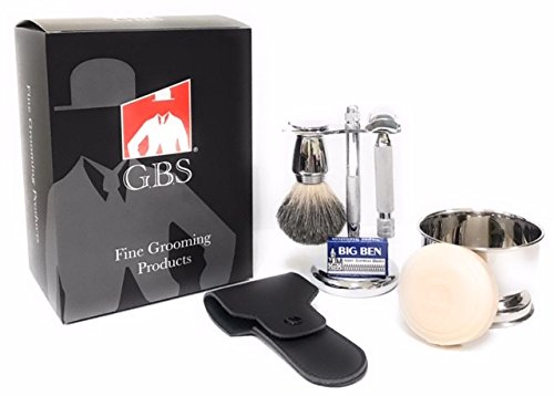 G.B.S Stylish Shaving Set, Tall Heavy Duty Knurled Slant Razor, Chrome Shaving Bowl, Natural Shaving Soap, Razor Case, Brush and Razor Stand, 10 Blades