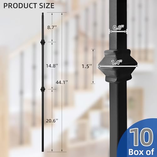 Vlaeng Deck Balusters 10 Pack, 1/2\" x 44\" Wrought Iron Balusters, Hollow Double Knuckles Staircase Balusters, Satin Black Metal Railing Suit for Stair Modifications, Outdoor Stair Deck Porch
