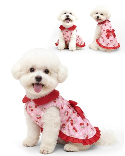 Image of CuteBone Cute Cherry & Daisy Pet Dress with Peter Pan Collar - Pink Sweet Pattern - Sleeveless Ruffled Skirt with Bow for Small Dogs, Cats - Summer & Daily Wear