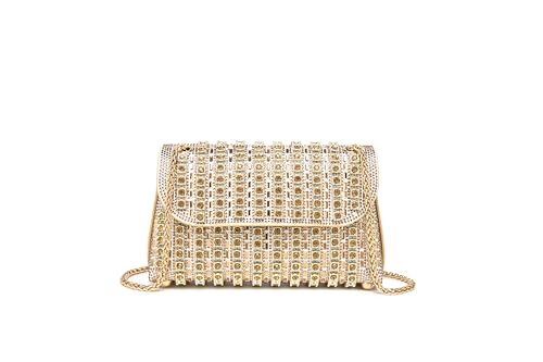 YUWITA Rhinestone Evening Bag with Chain Holiday Party Small Crystal Metallic Clutch Purses for Women (Champagne)