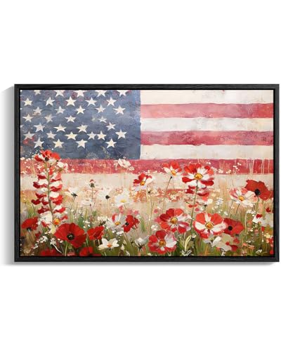 Image of American Flag Framed Canvas Wall Art, 4th of July Floral Canvas Prints, Wildflower Meadow Landscape Patriotic Decorations, Vintage Rustic Independence Day Wall Decor for Bedroom Living Room 24x32