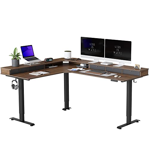 FEZIBO Triple Motor 75" L Shaped Standing Desk with 5 Drawers, Reversible Electric Standing Gaming Desk Adjustable Height, Corner Stand up Desk with Splice Board, Black Frame/Black Walnut Top FEZIBO Triple Motor 75" L Shaped Standing Desk with 5 Drawers, Reversible Electric Standing Gaming Desk Adjustable Height, Corner Stand up Desk with Splice Board, Black Frame/Black Walnut Top