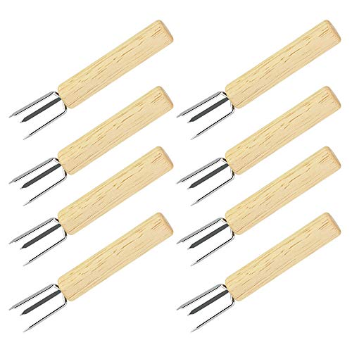 Favengo 8 PCS Brochettes de Maïs en Chêne + Acier Inoxydable 304 10*1.5cm Fourchettes à Pommes de Terre Antirouille Fourchette à Maïs Réutilisable avec 3 Dents pour Fruit Légumes Barbecue Camping Cover