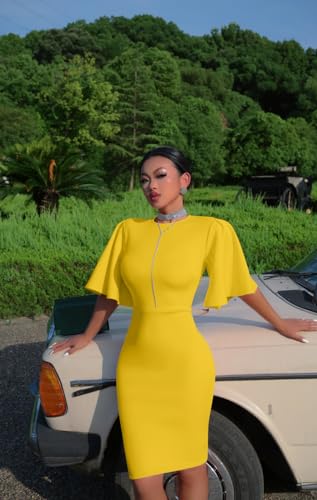 Image of Memoriesea Women's Basic Bodycon Ruffle Flared Short Sleeve Pencil Midi Dress