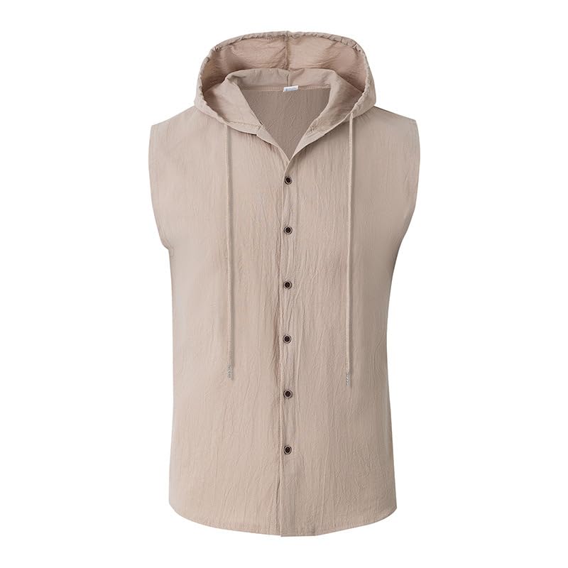 Men Linen Sleeveless Hoodies Button Down Shirt Summer Casual Hawaiian Beach Lightweight Fashion Hoodies4