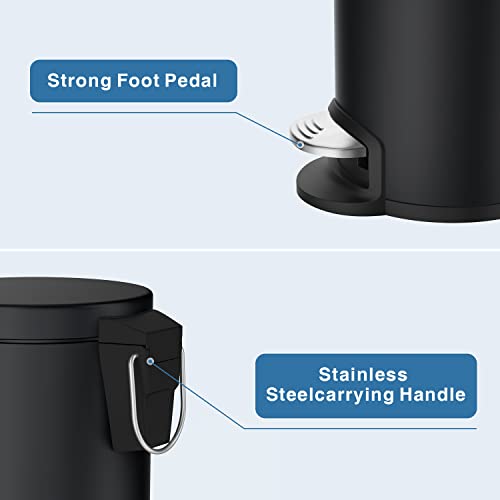 H+Lux Small Trash Can With Lid Soft Close, Foot Pedal Round Bathroom Garbage Can With Stainless Steel Removable Inner Wastebasket, Anti-Fingerprint Matt Finish, 0.8Gal/3L, Black #TOP4
