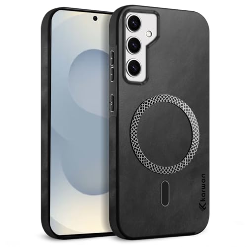 Image of KARWAN Shockproof Hybrid Leather Finish Back Case Cover Compatible with Samsung Galaxy A35 with Wireless MagEaze Charging Cover, Anti-Scratch Shield Case with Strong Minimalist Design (Black)