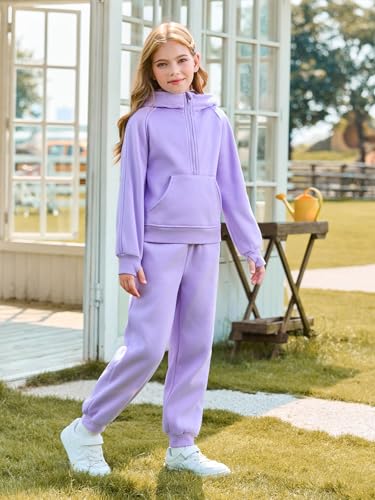 Girls 2 Piece Outfits Sweatsuit Kids Fleece Half Zip Hoodies Sweatshirt and Sweatpants Set with Pockets4