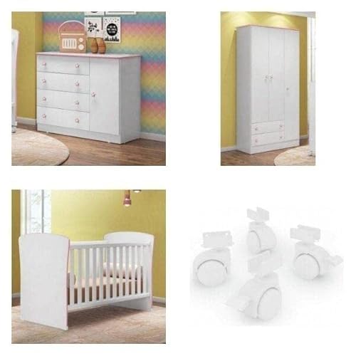 Quarto de bebê com Berço, Cômoda Sapateira, Guarda Roupa e Kit 4 Rodízios Linha Doce Sonho Qmovi Ros