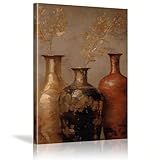 AIHNBF Cuadro rústico de naturaleza muerta con jarrones de cerámica antiguos y ramas doradas, tonos cálidos de la Tierra, para acogedora sala de estar y decoración elegante, 30 x 45 cm