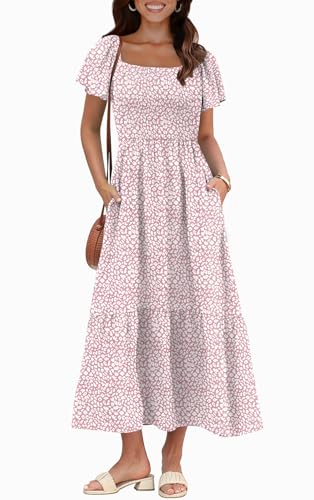 Image of OFEEFAN Summer Dresses for Women Square Neck Ruffle Sleeve Smocked Maxi Dress with Pockets