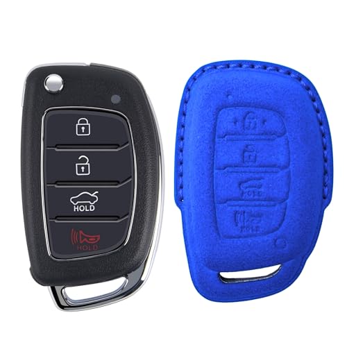 Image of KMH Alcantara Car Key Cover Compatible with Hyundai Alcazar Creta 2022 Venue i20 Tucson Elantra Smart keycover with Keychain 4 Button Shell Case Key Protector Smart Keycover (D2) Blue - Pack of 1