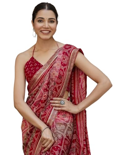 SIRIL Women's Georgette Bandhani Printed Saree With Unstitched Blouse Piece