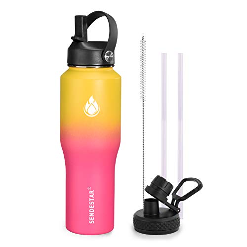 Image of SENDESTAR Water Bottle 32oz,2 Lids(Straw lid),Wide Mouth Stainless Steel Vacuum Insulated Double Wall Keep Liquids Cold or Hot All Day,Sweat Proof Sport Design,Fit Car Cup Holder(Yelow&Pink)