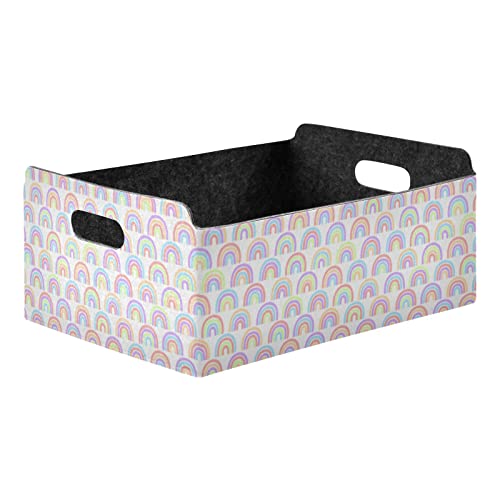Oyihfvs Seamless Childish Rainbow Colorful Waves Half Circles Doodles Rectangle Foldable Felt Storage Bin, Collapsible Cube with Handles Thick Fabric Box Organizer Clothes Supplies for Home Bedroom