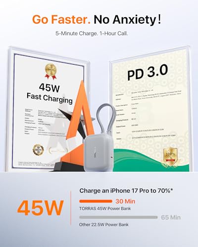 Image of TORRAS EasyGo for iPhone 17 Portable Charger 10000mAh, 45W Ultra-Ice Fast Charging USB-C Power Bank with Dual Built-in Cables, Battery Pack Compatible with iPhone 17 /16 /15 Pro, Samsung S26 S26+ Ultra