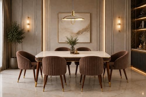 Image of WOODEN SPACE 6-Seater Wooden Dining Table Set | Nano Composite Marble Top | Solid Wood Base | Modern Dining Room Furniture with 6 Chairs (Modern Brown)