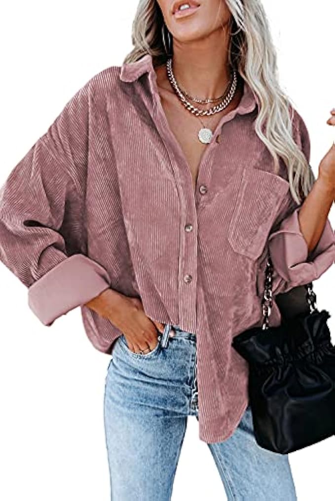 Womens Flannel Shacket Boyfriends Corduroy Button Down Plaid Shirts Fall Clothing Tops S-3XL