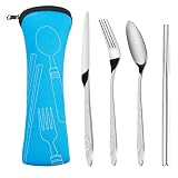4 PièCes Couverts De Table, MéNagèRe Inox ,Ensemble De Couverts Camping ,Portable Avec Sac De Rangement Set De Couverts,Pour La Famille, Le Restaurant, Camping Voyage (Argent）