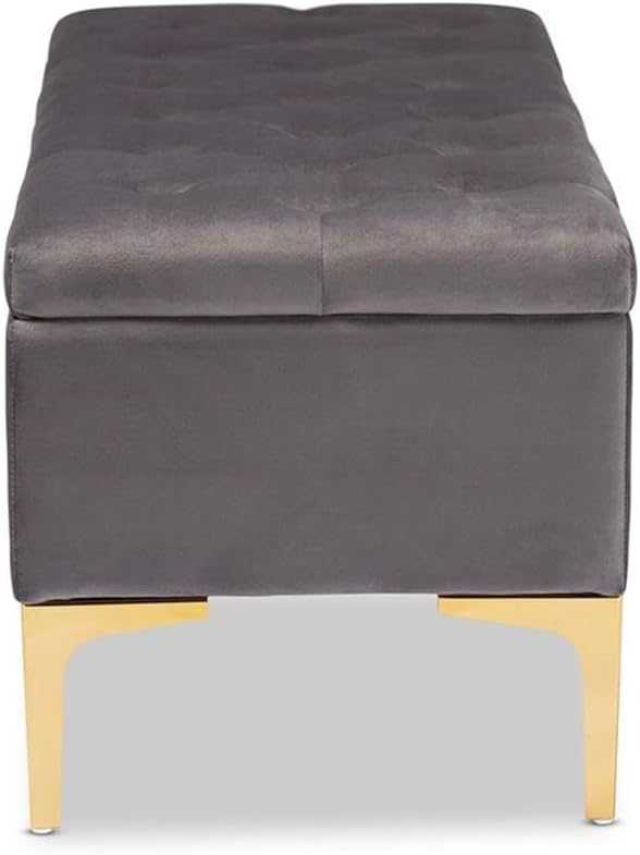 BOWERY HILL Velvet Upholstered Storage Ottoman, 38x17.5x17.5 in, Button Tufted Seat, Grey Velvet Fabric with Gold-Tone Legs, Oak Wood Frame, Glam Accent Bench for Bedroom or Living Room