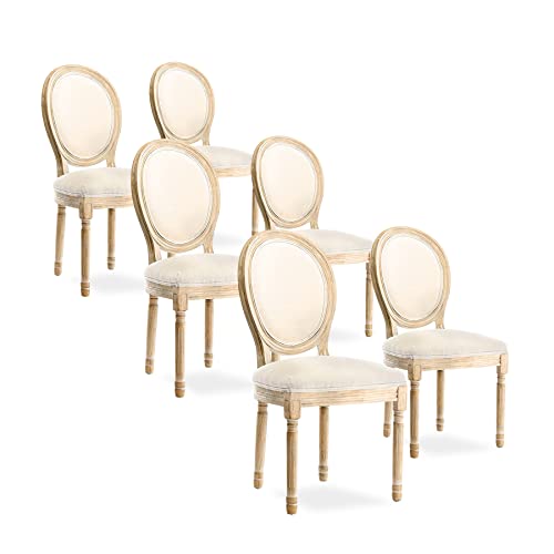 HomeMiYN Chaises Médaillon Lot de 6, Chaise de Salle à Manger de Style Louis-XVI en Tissu Lin Chaises de Dîner Dossier Doux pour Restaurant, Salle à Manger, Cuisine, Beige Cover