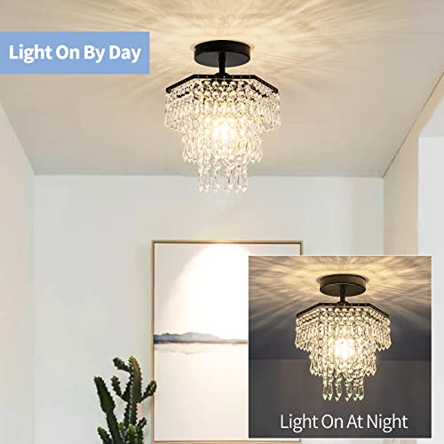 Hongnuofc Mini Crystal Chandeliers Flush Mount Ceiling Light Fixture 3-Tier Crystal Small Chandelier For Closet Bathroom Farmhouse Hallway Foyer (Black) #TOP2