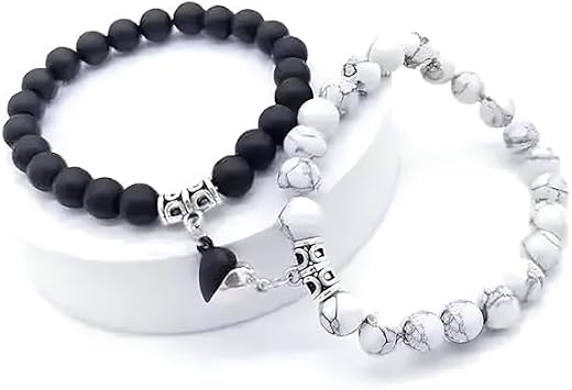 BEAUTIVIA Unisex Magnetic Couple Bracelet | Heart-Shaped Magnet Black & White Stone Crystal Fashion Jewelry for Him & Her