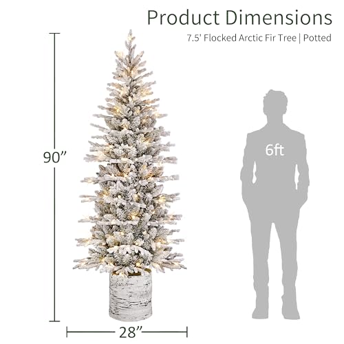 Puleo International 7.5ft Pre-Lit Potted Flocked Arctic Fir Pencil Christmas Tree with 230 Warm White Lights, 1943 Realistic Dense Snow Flocked Branch Tips, Easy Setup Artificial Trees, Sturdy Stand by Puleo International - Image 3