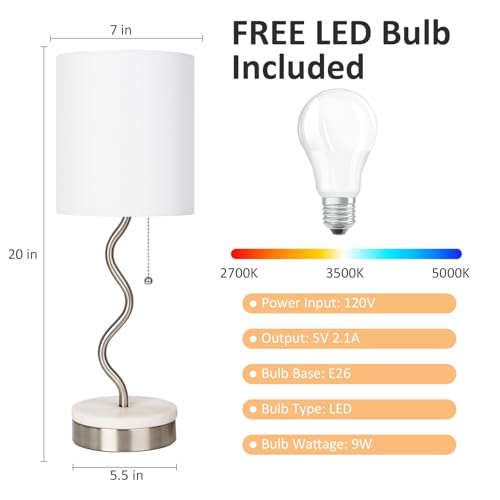 VELXEE Marble Base Table Lamp - Modern Bedside Lamp with USB Port & Pull Chain, Lamp for Bedroom, Living Room, or Office - Elegant Marble and Metal Design — view 3