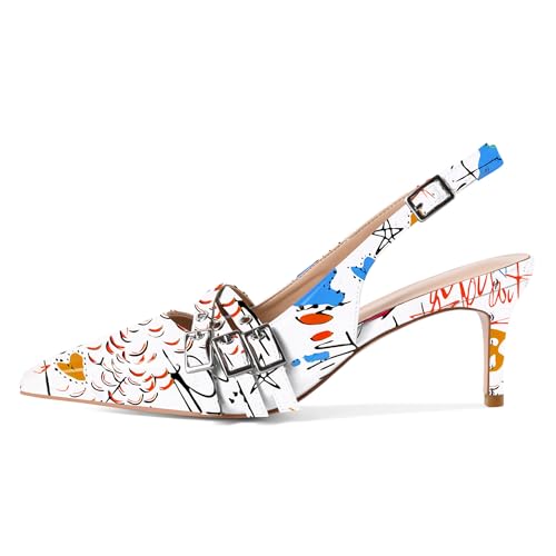 Eldof Women Slingback Heels Eyelet Buckle Strap Pointed Toe Slip On Kitten Heel Pumps Shoes Dressy 2.5 Inches4