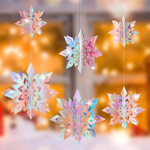 Christmas Hanging Snowflakes Decorations Clearance 3D Iridescent Paper Snowflakes Snow Flakes Garland for Winter Wonderland Frozen Christmas Birthday Party Decorations(6PCS) Cover