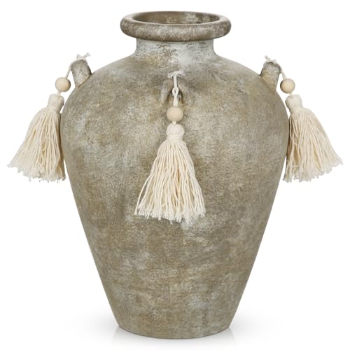 Arobrus Jarrón vintage de cerámica de 24 cm, jarrón de cerámica con borlas, rústico, decorativo, para flores secas, ramas, rústico, Landhuas, bohemio, decorativo, para balcón, ventana, suelo