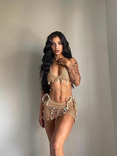 ZAFUL Women Bikini Set Boho Shell Tassel Crochet Tie Swimwear Halter Cheeky Swimsuit Bathing Suit4