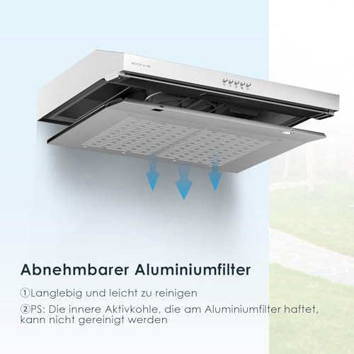 Soonye Dunstabzugshaube 60cm Unterbau,Umlufthaube Umluft 220 m³/h mit Kohlefilter,3 Leistungsstufen, Integrierte Unterschrank Unterbauhaube, Abluft Abzugshaube Edelstahl Silber