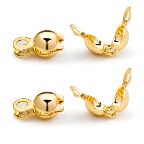 100 Pcs 18K Gold Crimp Beads for Jewelry Making - 4mm Crimp Bead Covers Knot Covers for Jewelry Making Knot Covers Clamshell Fold-Over Bead Covers for DIY Bracelets Necklaces