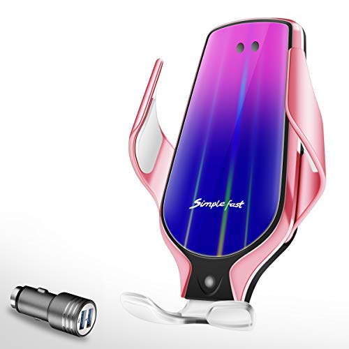 Wireless Charger Car Qi Touch Sensing Smart Mount Phone Stand Automatic Retractable Clip Fast Charging Holder Compatible with iPhone Xs Max/XR/X/11/11 Pro/8/8Plus Samsung S20/S10/S9/S8 (Pink)