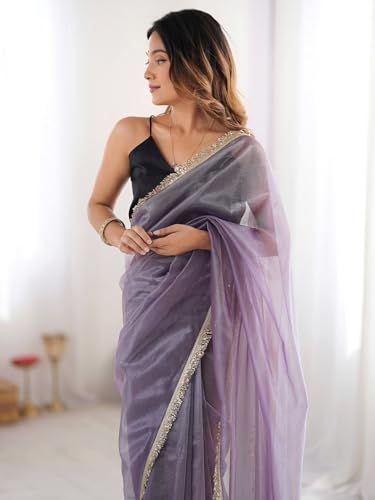 Image of AKHILAM Women's Shimmer Net Solid Saree With Unstitched Blouse Piece