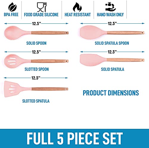 Image of Non-Stick Silicone Cooking Utensils Set with Natural Acacia Hard Wood Handle, High Heat Resistant Pink Pack of 5
