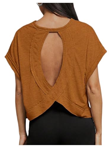 Image of SOLY HUX Women Open Back Tops Workout Backless Tee Casual Athletic Shirts Short Sleeve Oversized Gym T Shirt