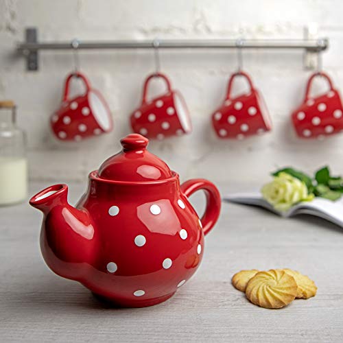 City to Cottage® Tetera de Cerámica con Diseño de Lunares en Rojo y Blanco Hecha a Mano para dos. - Imagen 5