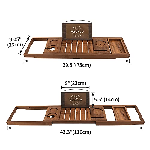 VaeFae Teak Bathtub Tray, Expandable Wooden Bath Tray for Tub with Wine and Book Holder, Solid Bathroom Caddy with Free Teak Body Brush