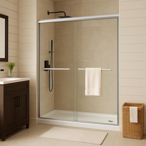 Image of Framed Shower Door 44-48 Inch wx72 Inch h - Glass Shower Door, Aluminum Full-Frame, Double Sliding Shower Glass Door, 8mm Tempered Glass, Brushed Silver, Easy-Clean