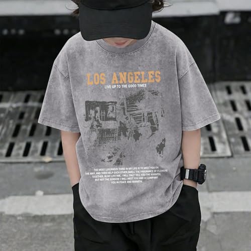 Image of Oversized Boys Graphic Tees Acid Wash Los Angeles Tshirt Youth Cotton T Shirt Crewneck Tee Kids Short Sleeve Tops