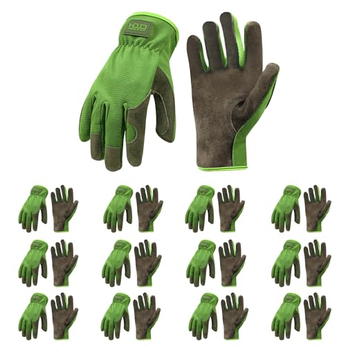 HANDLANDY Men Leather Gardening Gloves, Utility Work Gloves for Mechanics, Construction, Driver, Dexterity Breathable Design (Green, X-Large (Pack of 12))